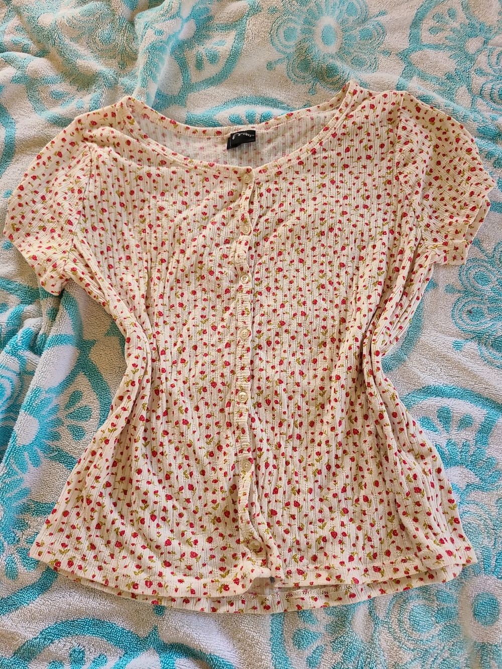 art class Cream Button-Front Top with Pink Floral Print